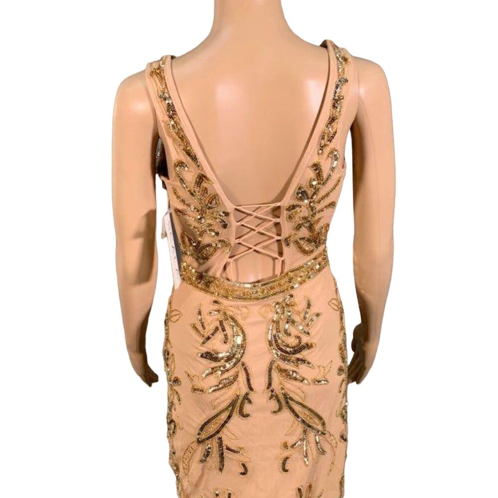 NWT Scala Formal Cocktail Dress SZ. 00 Mink & Gold ELEGANT Sequin CORSET BACK